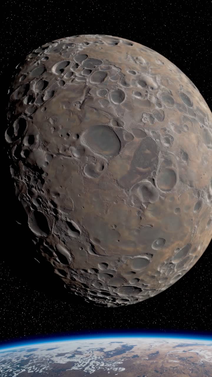 A video still of a cratered moon viewed from a low angle, with Earth's horizon visible below