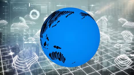 Animación-Del-Globo-Azul-Girando-Sobre-La-Interfaz-Con-Procesamiento-De-Datos-Y-Gráfico-Topográfico