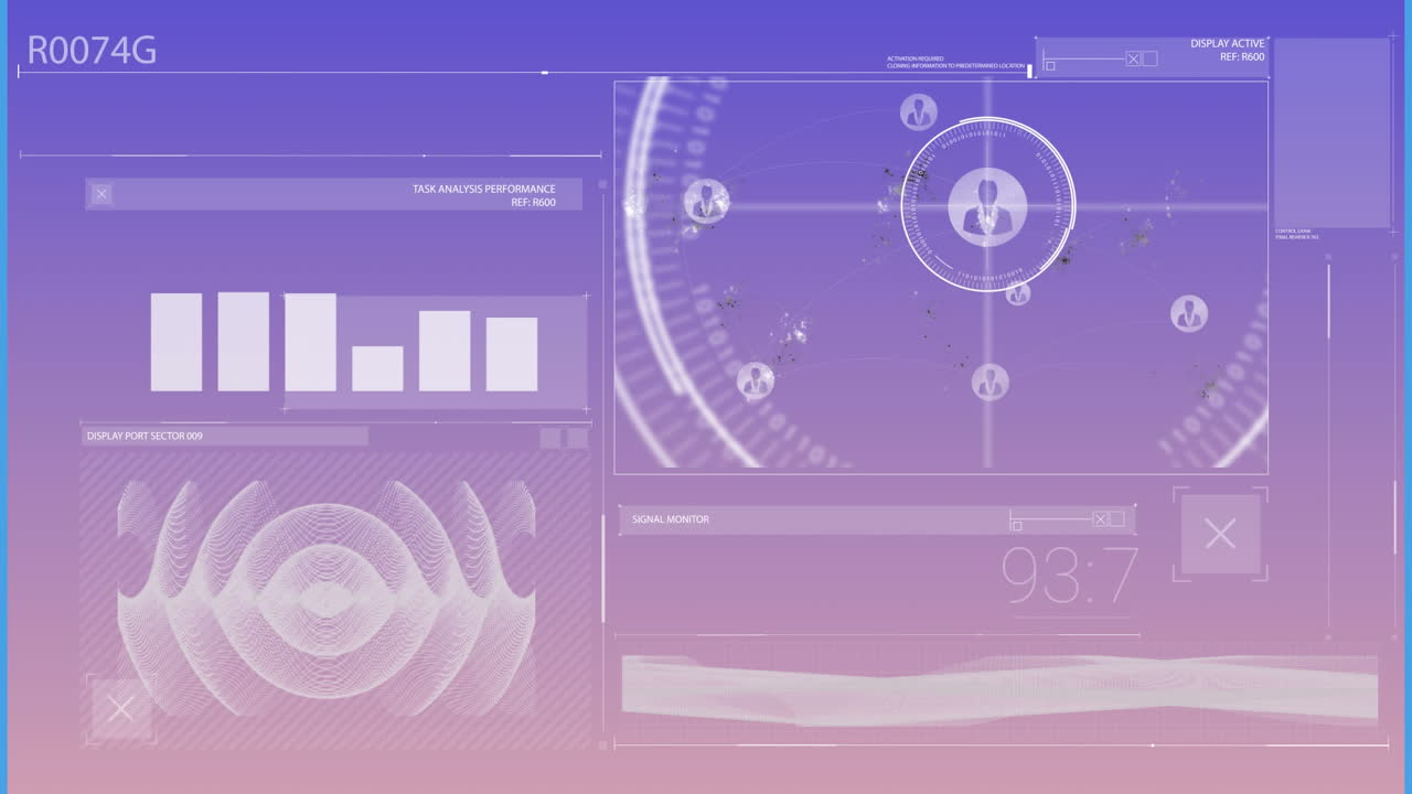 Animation of data processing and diagrams with icons on blue background