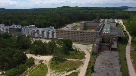 aerial view of the famous colossus of prora in rugen germany - orbiting drone shot