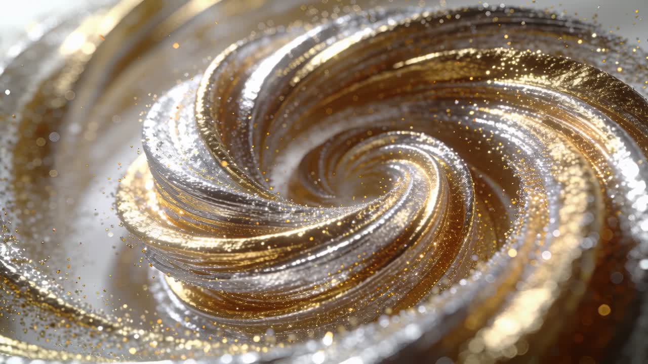 La telecamera inquadra un turbinio oro-argento rotante che si stringe in un vortice, ripreso in studio in macro, con glitter che si diffondono.