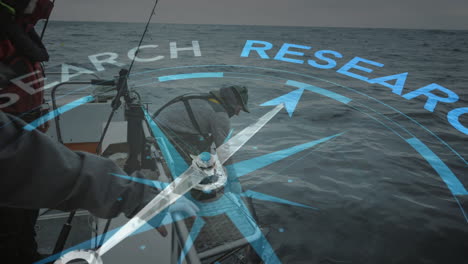 People fishing on boat with research compass animation overlaying scene