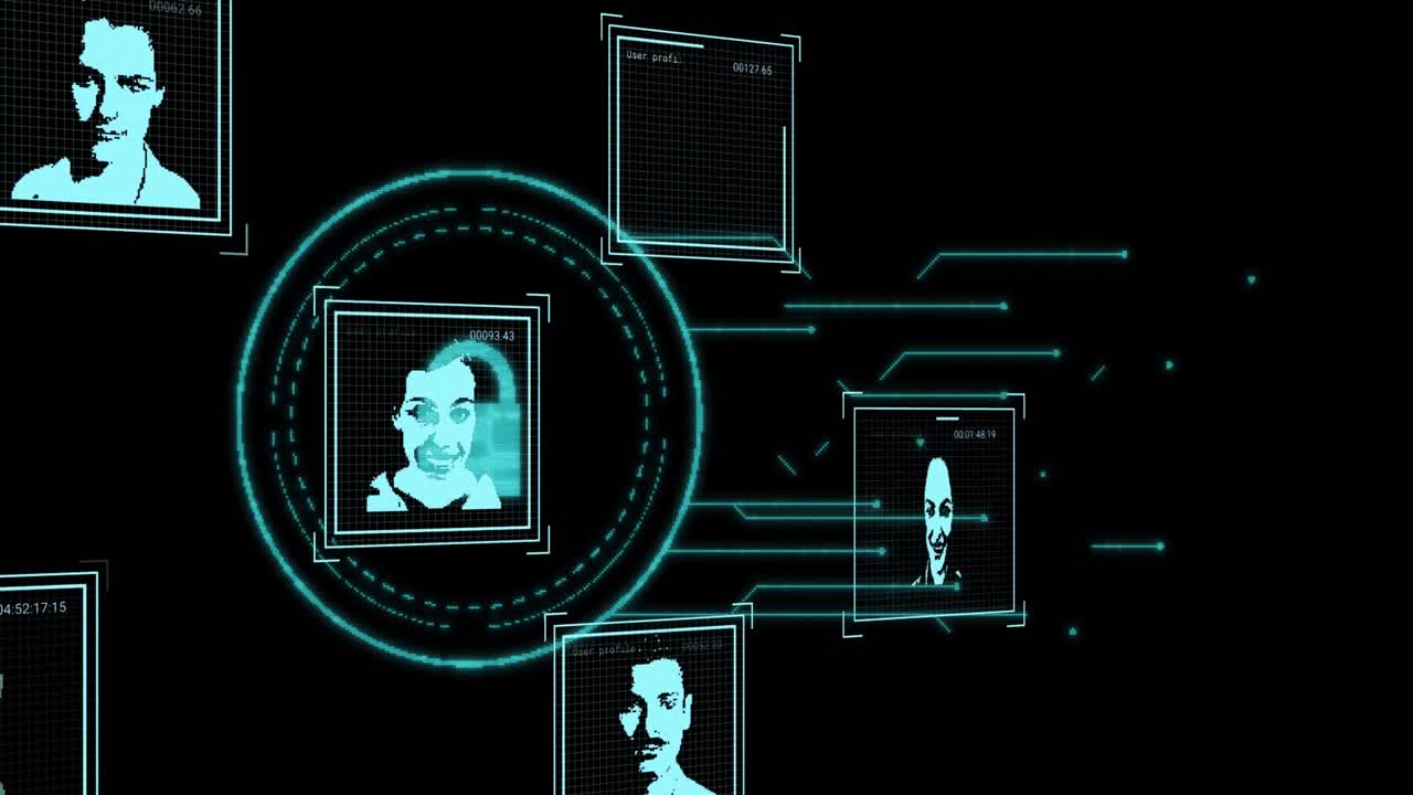 animación de las fotos del usuario, candado digital y procesamiento de datos sobre fondo negro