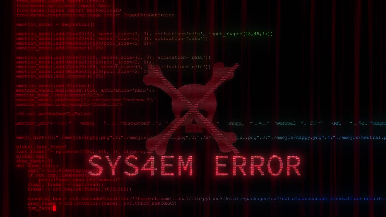 Hackeradvarsel, fejlkode, visuelt rødt kranieikon, faldende digitale linjer, mørk sikkerhedsatmosfære, cyber.