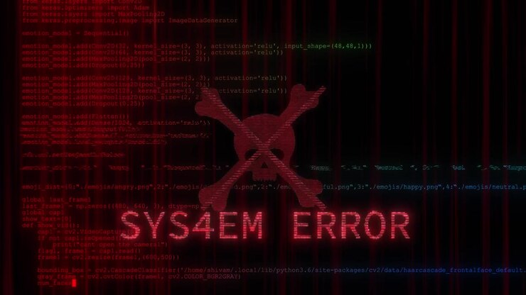 Hacker warning error code visual red skull icon falling digital lines dark security atmosphere cyber
