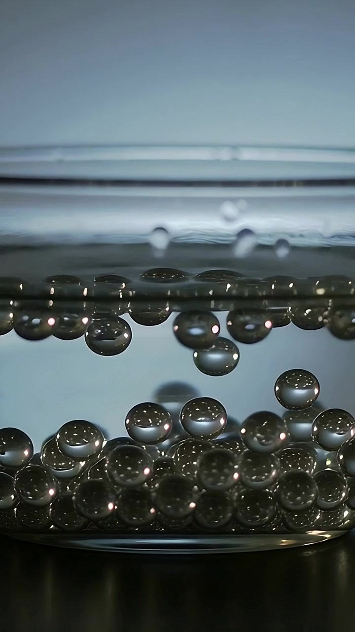 Vertical video: Slipping from pile, beads bobbing under surface, falling back in clear glass bowl