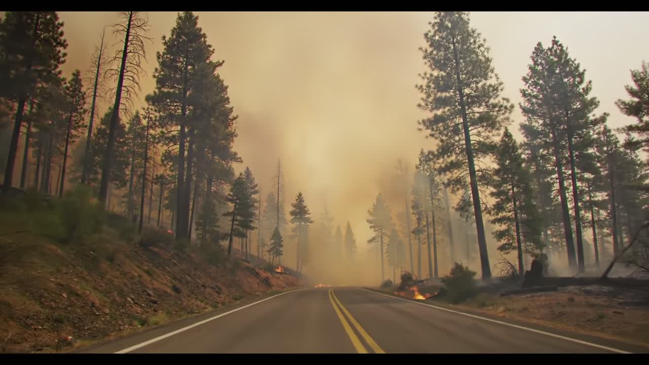 Wildfire Engulfs Forest Landscape Near Mountain Road During Late Evening Hours