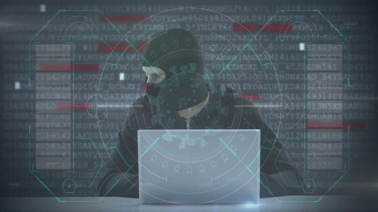 Virus detection and cybersecurity animation over digital background with binary code