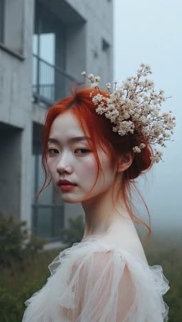 portrait of a woman with red hair and floral crown