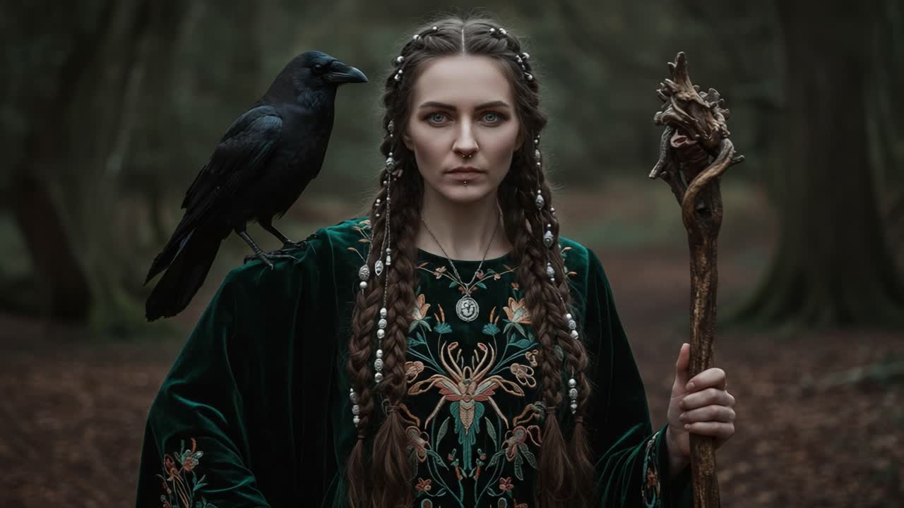 A Mysterious Sorceress Stands Tall in Enigmatic Forest, Commanding Nature's Spirits with a Raven by Her Side, Wielding an Ancient Staff in a Moment of Contemplation