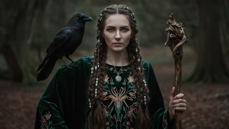 a mysterious sorceress stands tall in enigmatic forest, commanding nature's spirits with a raven by her side, wielding an ancient staff in a moment of contemplation