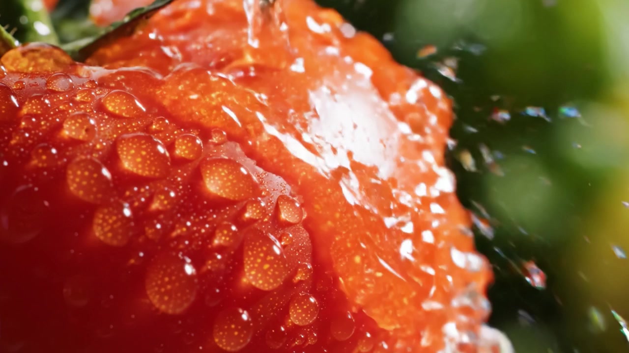 Un primo piano di un pomodoro appena raccolto, scintillante di goccioline di rugiada che rivelano la sua ricca consistenza e il colore vibrante su uno sfondo verde lussureggiante.