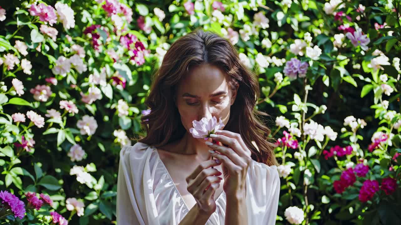 A serene video captures a woman in a garden, smelling flowers