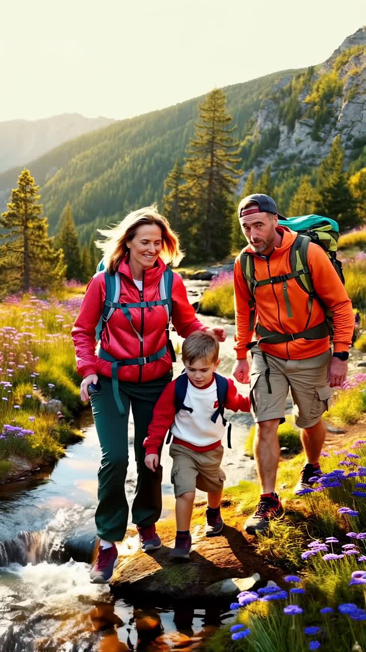 Family bonding on a scenic spring hiking trail.