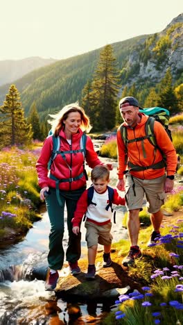 family bonding on a scenic spring hiking trail.