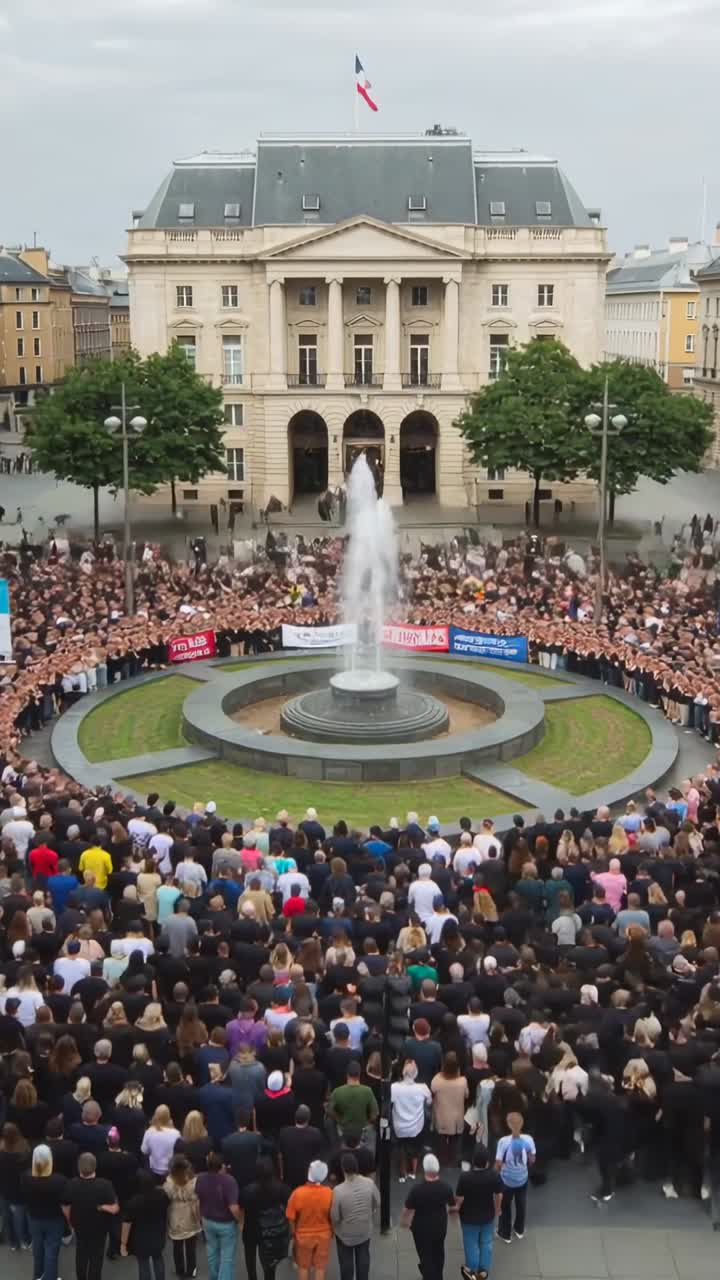 Video verticale: Folla che si forma spinta da una manifestazione, che circonda una fontana nella piazza della città, che tiene striscioni