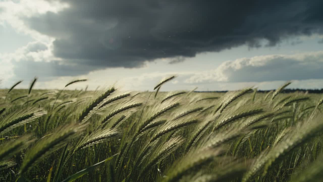 Spighe di grano che si piegano e ondeggiano in un campo agricolo mentre le raffiche fanno alzare nuvole che si scuriscono, segnalando una tempesta.