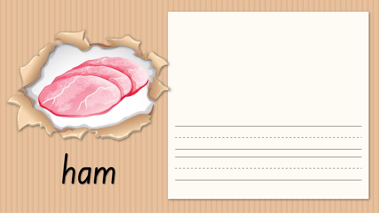 Pratica di calligrafia animata che mostra la lettera H scritta accanto a un'illustrazione di prosciutto.