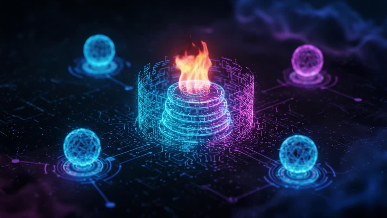 A stunning digital visualization of a hyperconnected network with vibrant flames at the center, surrounded by spherical data representations, illustrating the fusion of technology and design