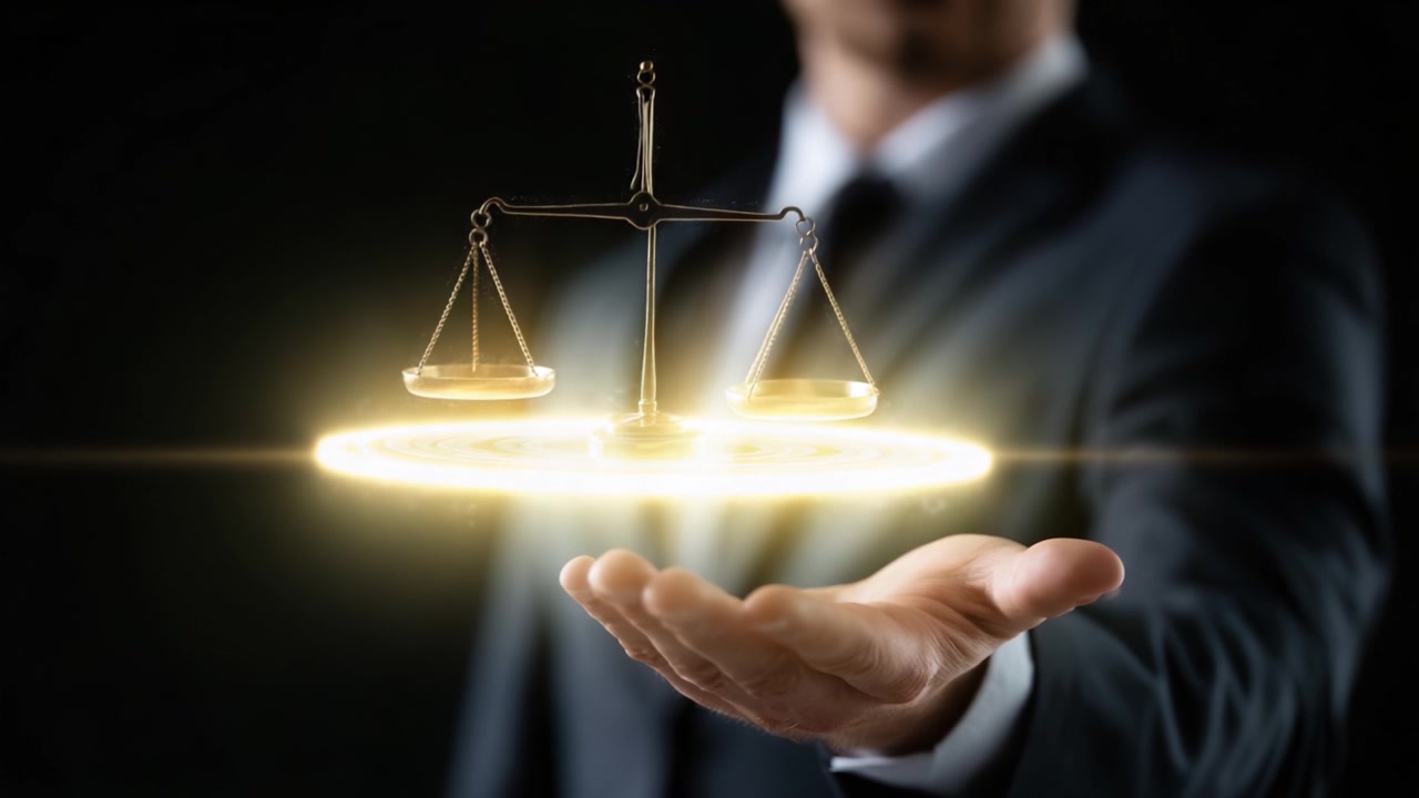 Giustizia in equilibrio: Una rappresentazione visiva di legge ed equità, che evidenzia la bilancia della giustizia in azione su uno sfondo scuro
