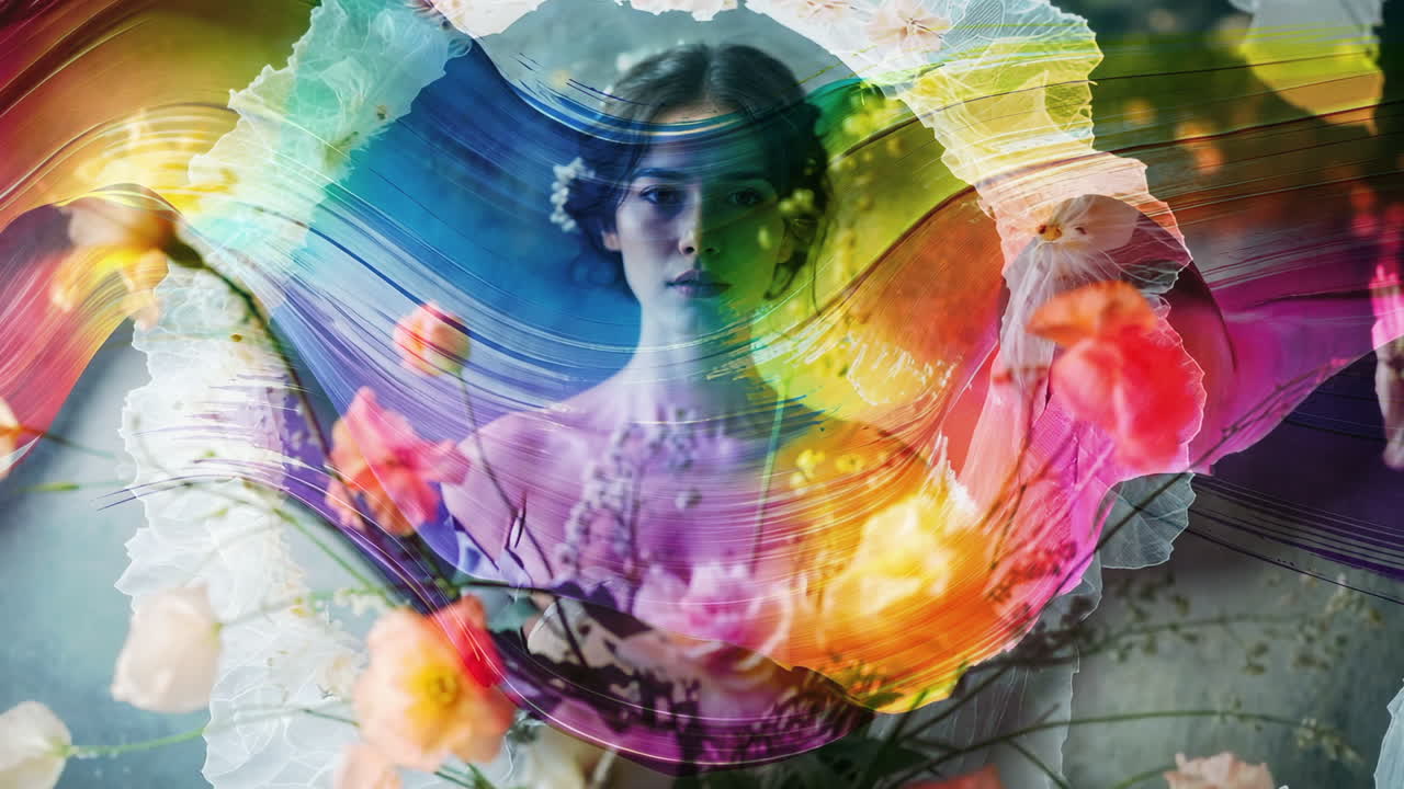 Ethereal Floral Portrait with Rainbow Swirls