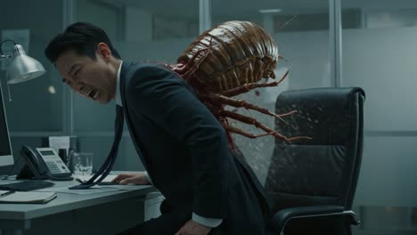 a disturbing encounter: a man in an office facing terror as an unseen entity erupts from his back, blending the mundane with the grotesque
