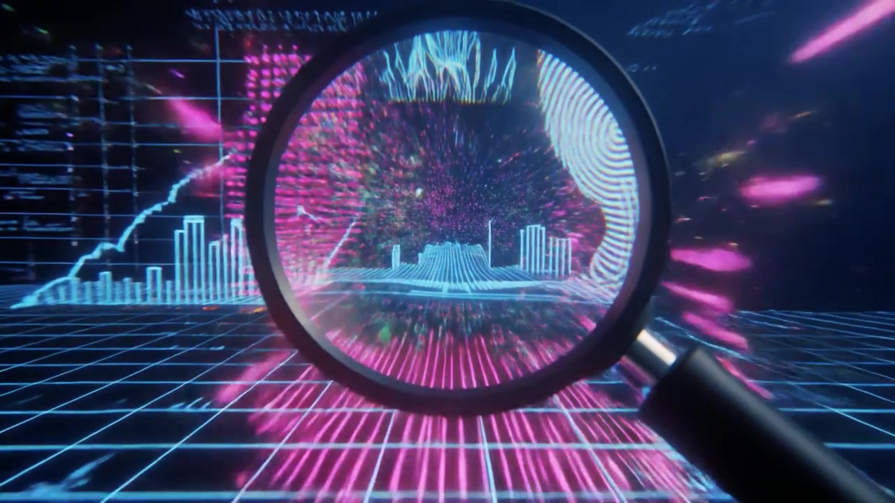 Magnifying Glass Revealing Digital Data and Futuristic Cityscape