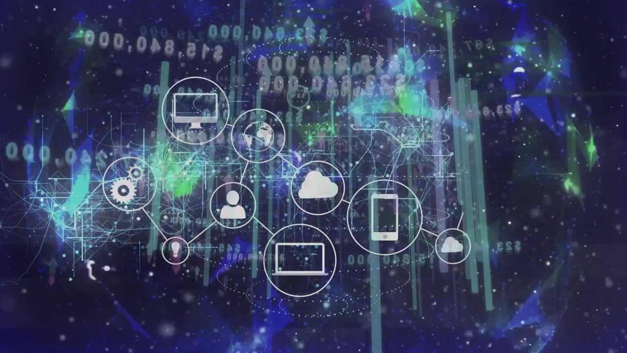 Scrolling code and pulsing bars activating cloud icon, devices appearing, linking, showing network