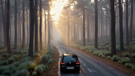 auto fährt bei sonnenaufgang und sonnenuntergang durch einen nebligen wald