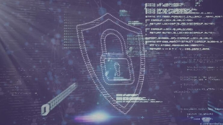 Animation of security padlock icon, light spots and network of connections against purple background