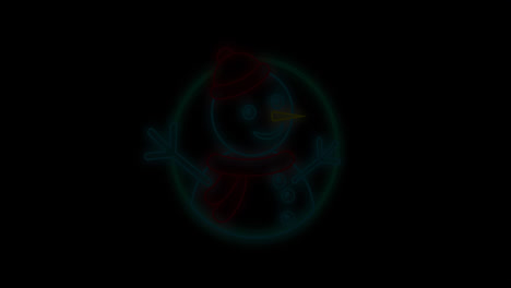 animation of neon christmas snowman in circle on black background