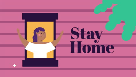 mujer en la ventana del apartamento campaña de quedarse en casa