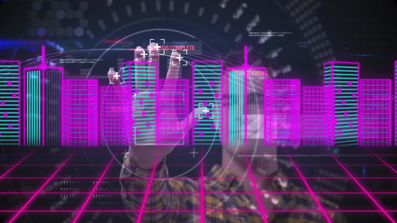 Futuristic cityscape animation with neon buildings and digital interface elements