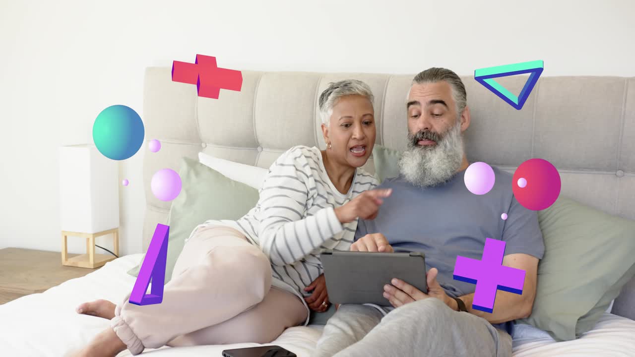 Man tapping tablet and woman pointing, tech shapes floating and showing pictures to share, laughing