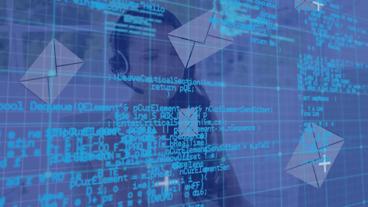 전화 헤드 ⁇ 을 사용하는 비즈니스 사람들에 대한 봉투 아이콘의 애니메이션과 데이터 처리