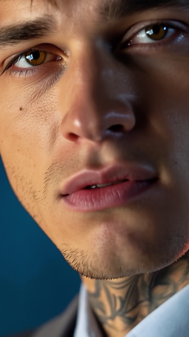 Close-up of young man's face. Gentle gaze meets the camera. Earring and neck tattoos visible. Soft lighting highlights skin texture. Ideal for fashion or editorial use