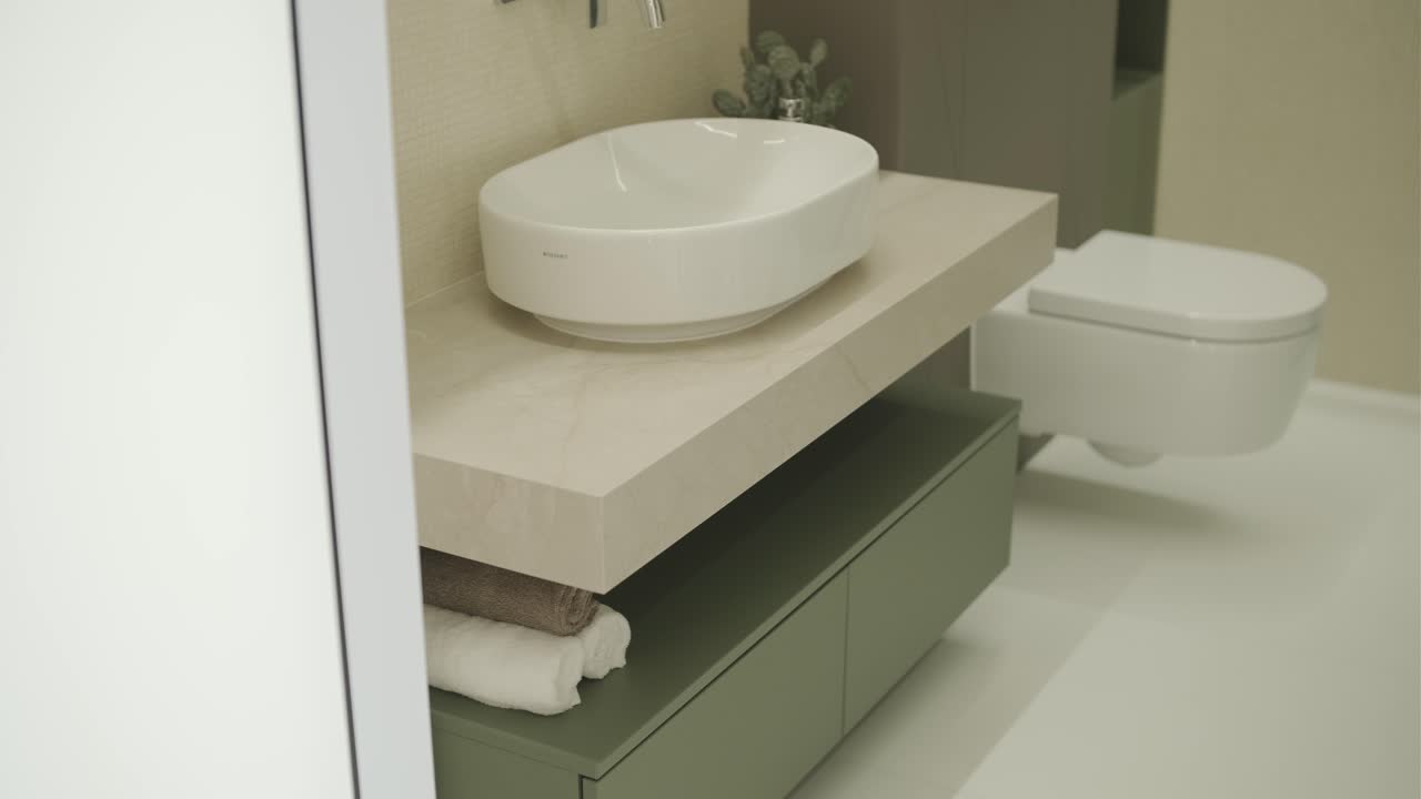 Modern Bathroom with White Vanity and Green Cabinets