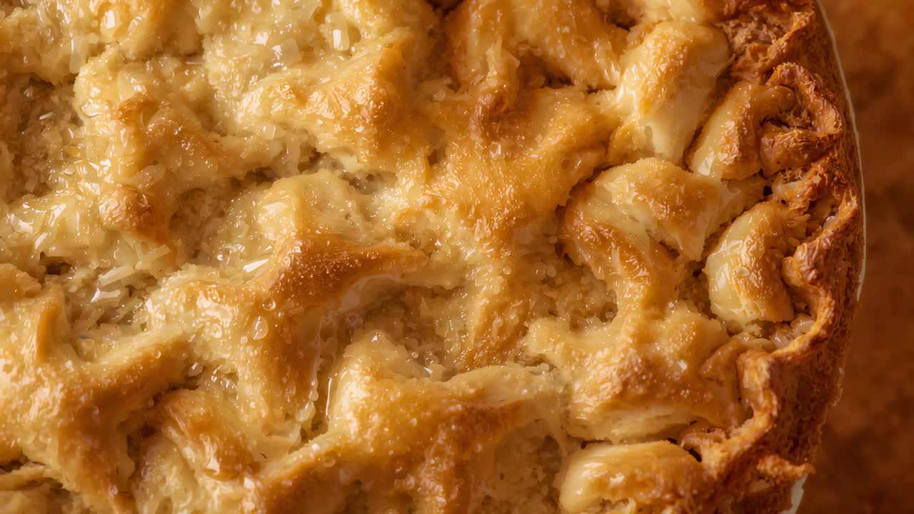 Refocusing camera revealing pie with star cutouts on wood top, highlighting flaky crust sugar glaze