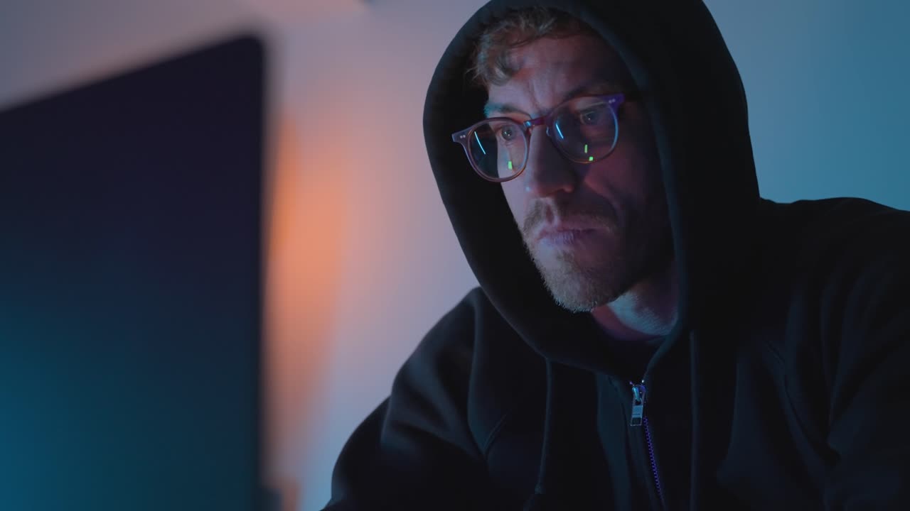 Hacker in front of a laptop putting glasses on and working. man in glasses and hoodie technology, cybersecurity, online privacy, digital communication, suspicious activity, digital communication