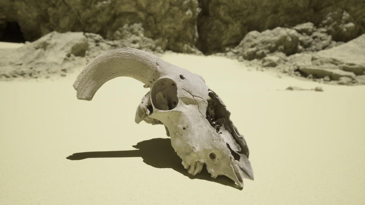 Barren landscape showcasing a ram skull resting on sand in a rocky environment