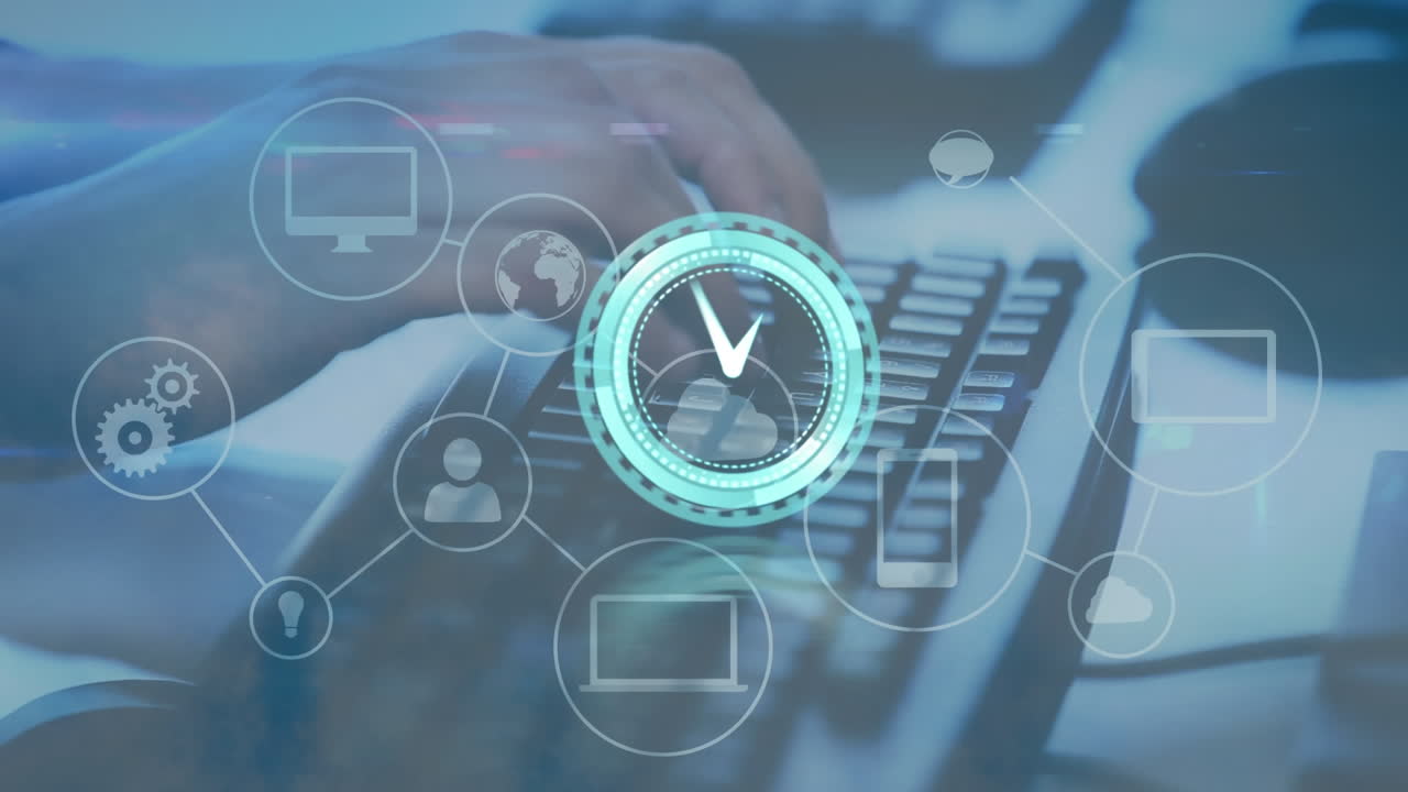 animación de reloj en movimiento y red de conexiones sobre las manos escribiendo en el teclado