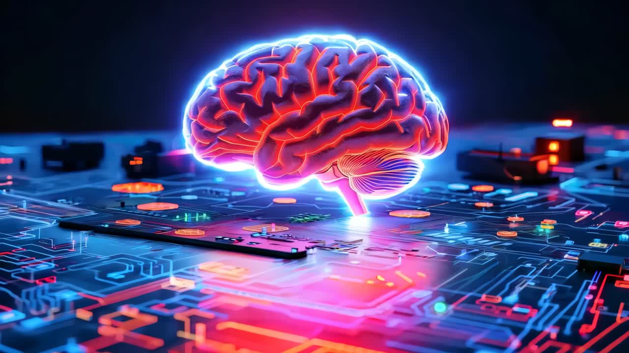 A brain is shown on a computer screen with a red glow. The brain is surrounded by a bunch of coins and a few other objects. Scene is futuristic and technological