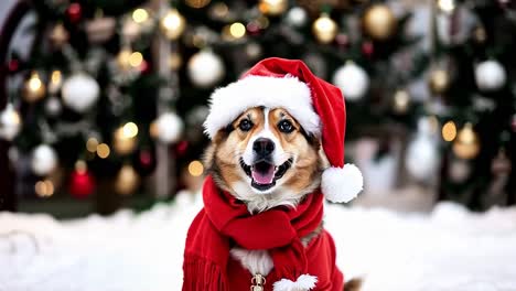 corgi con sombrero de santa y bufanda roja