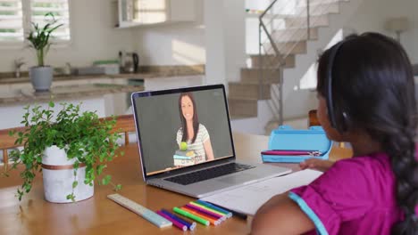 Mixed-race-girl-sitting-at-desk-using-laptop-having-online-school-lesson