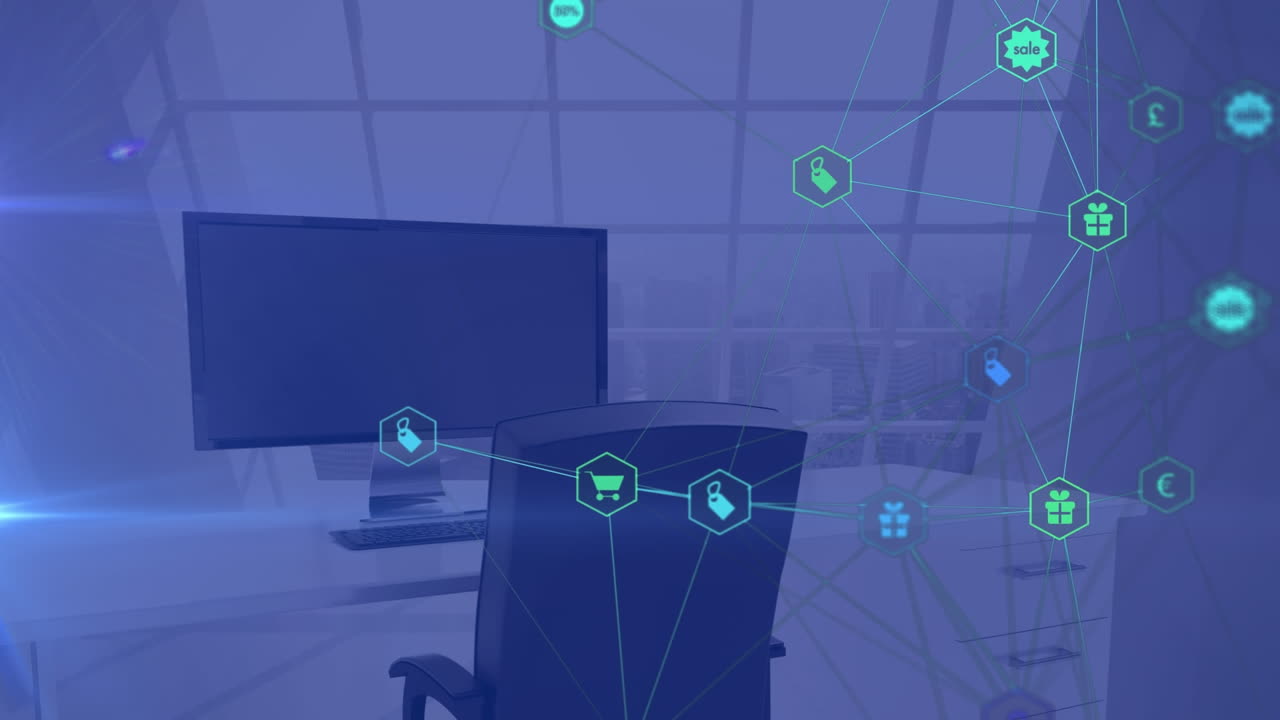 도시 풍경 위의 아이콘으로 연결된 네트워크의 애니메이션