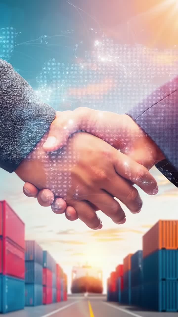Concept di video con angolazione dal basso di business globale con stretta di mano, sovrapposizione digitale e container di spedizione