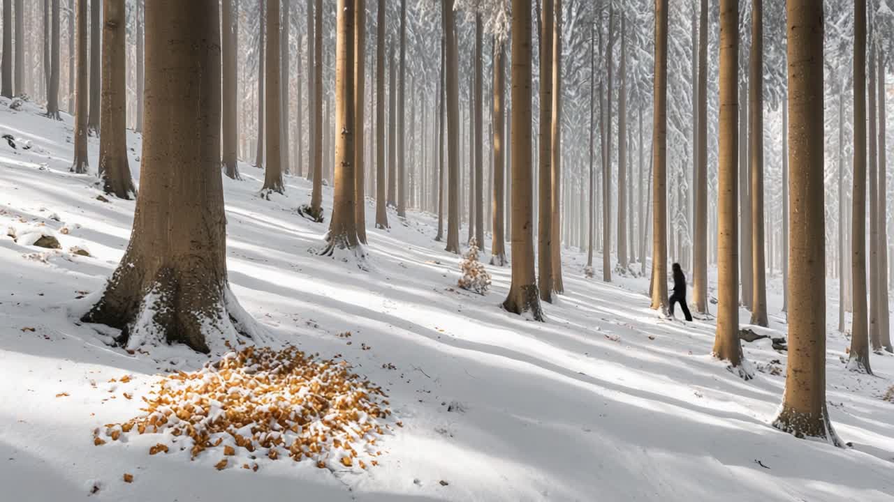 A serene winter forest scene with snow-covered ground and tall trees, showcasing the beauty of nature in stark contrasts of light and shadow, evoking tranquility and calmness