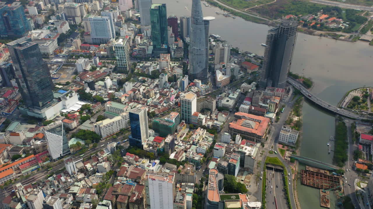 Aerial view of Ho Chi Minh, high view to downtown and Saigon river