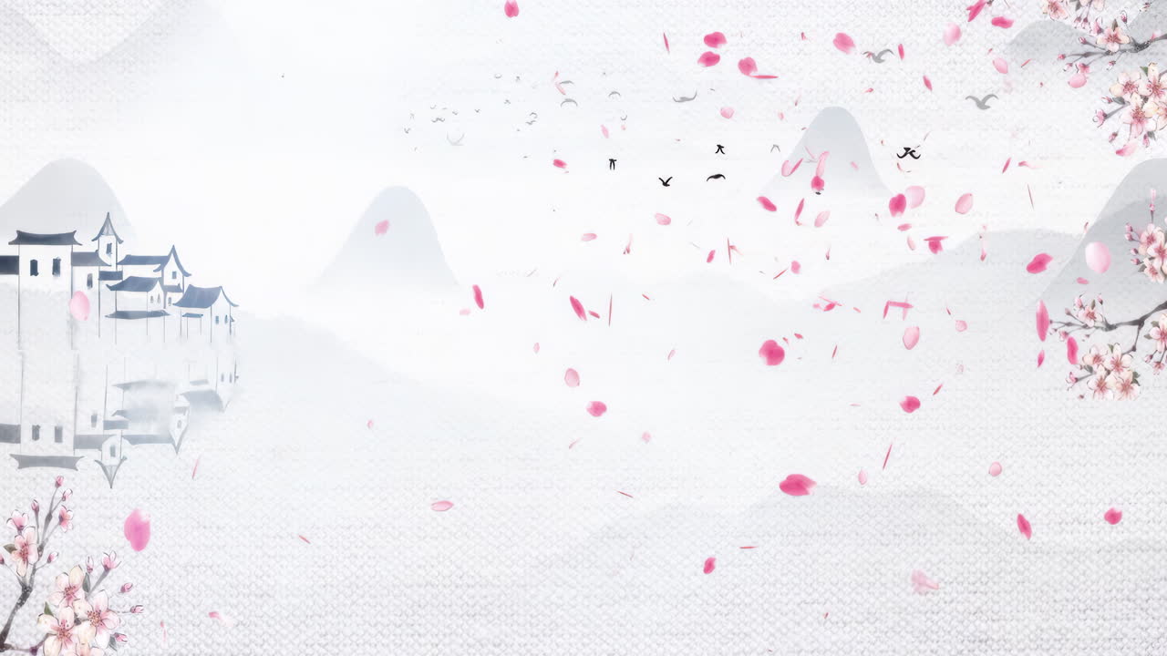 아름다운 아침 하늘, 산, 꽃, 호수, 고대 집의 환상적인 밝은 분위기 풍경, 간단한 애니메이션과 함께 일본어 중국 애니메이션 수채화 스타일