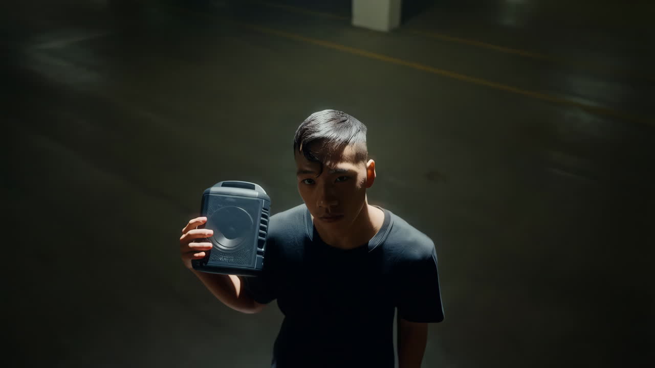 Man holds a portable speaker in a dimly lit parking garage